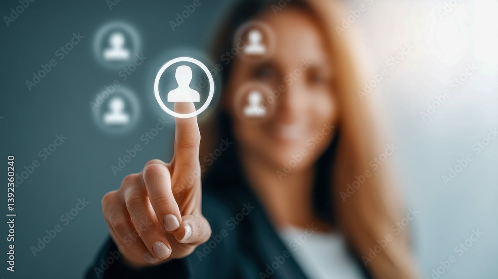 Poster a woman's finger touches a human icon, symbolizing connection and networking in a digital world. mod