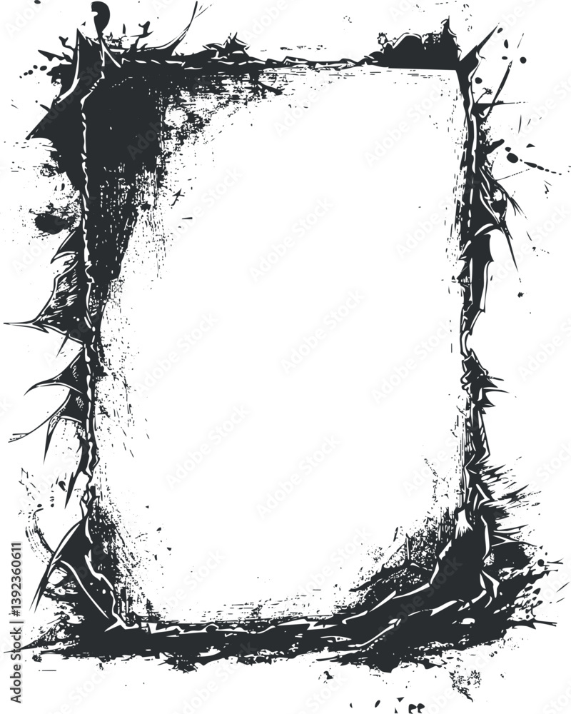 Poster grunge black and white frame with splatter and jagged edges for artistic design projects.
