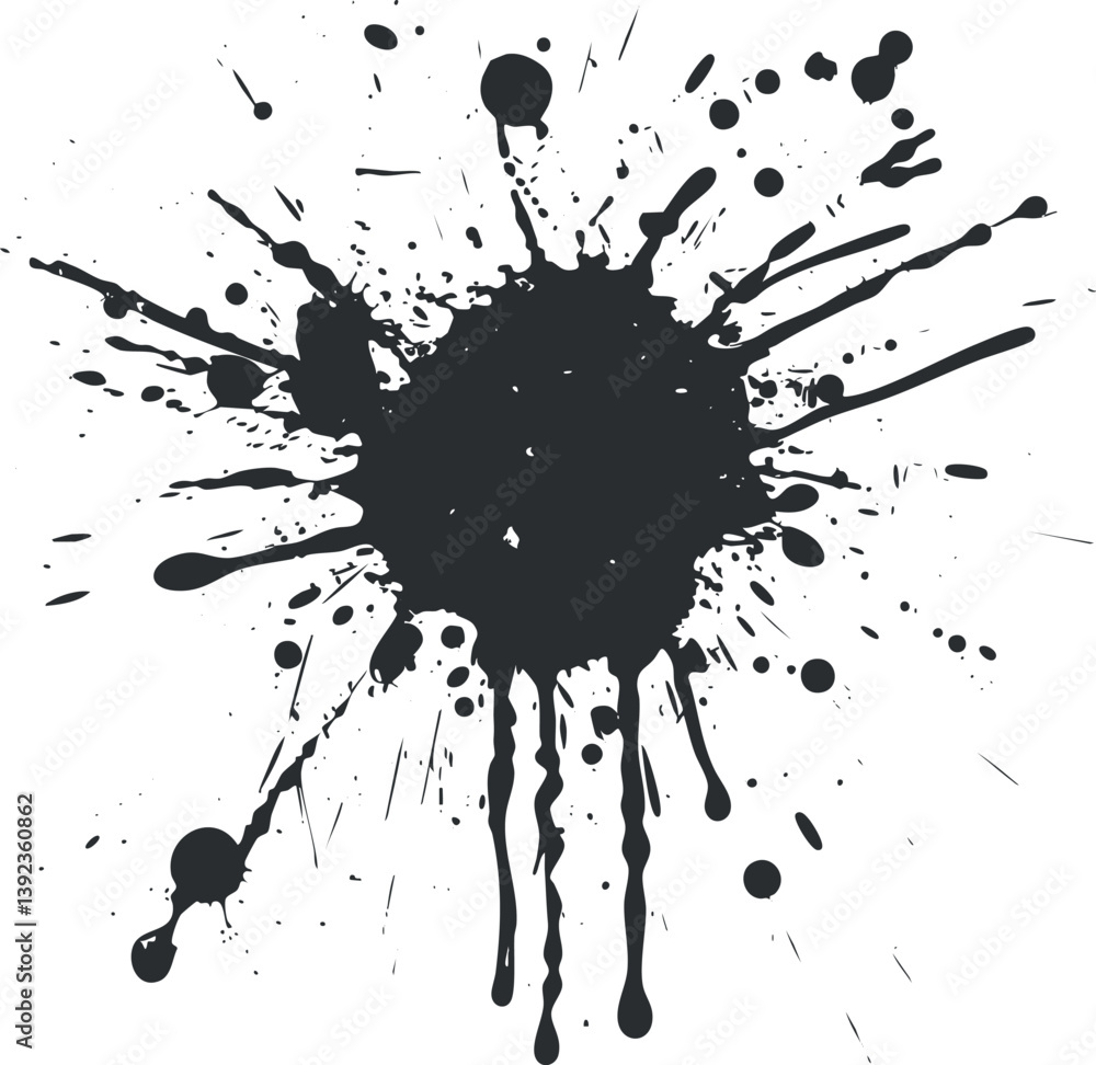 Poster abstract black ink splash with dynamic splatter pattern on a white background.