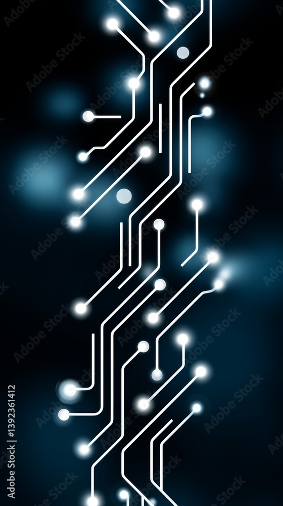 Poster illustration of a futuristic circuit board or blockchain network concept, set against a high-resolut