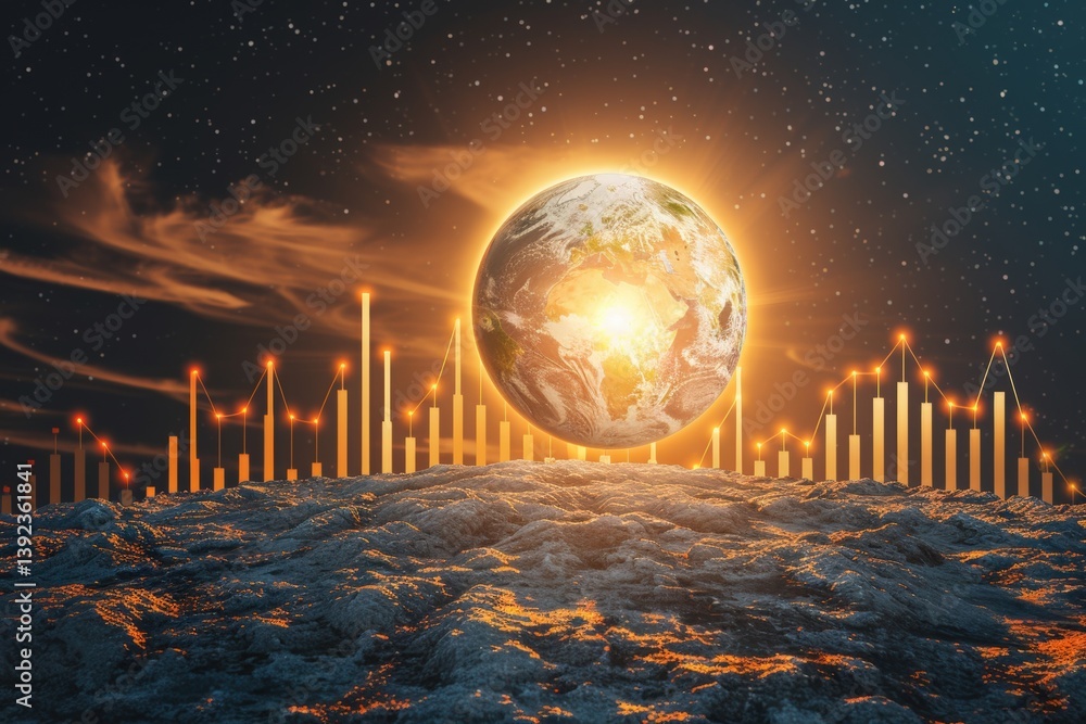 Poster futuristic depiction of earth with data visualization elements.