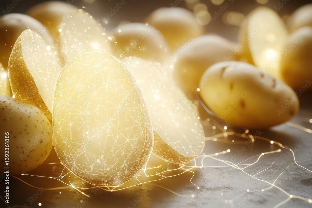Poster potatoes and glowing elements create an intriguing visual display in vibrant composition