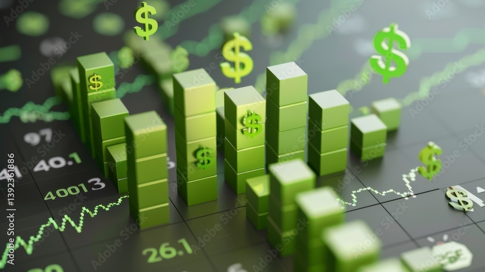 Aufkleber d bar graph with ascending green bars and currency symbols floating above