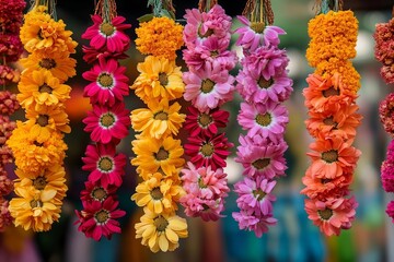 Close-Up of Colorful Flower Garland Toran as Indian Hindu Wedding Decoration.