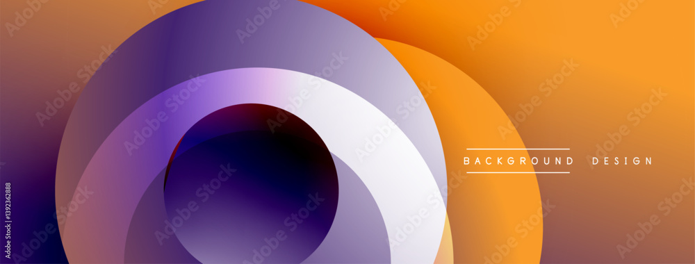 Poster abstract design features overlapping circles. purple, orange, white hues create depth. modern aesthe