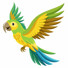 Fototapeta premium Сartoon bird Amazon parrot green yellow color in flight .Colorful exotic parrot. Isolated on white background. Side view. Vector illustration.
