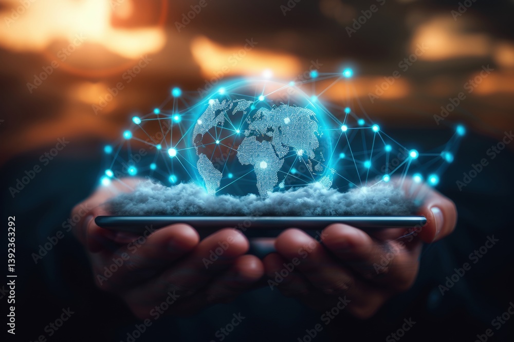 Poster digital globe held in hands with glowing network connections and clouds.