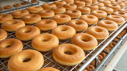 Rows of freshly glazed donuts on a wire rack, capturing a sweet treat and bakery scene.
