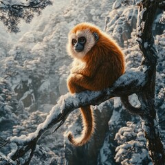 Obraz premium A small, reddish-brown monkey sits on a snow-covered branch in a wintry forest