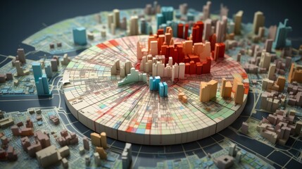 Obraz premium Floating D pie chart above a city map showing market distribution