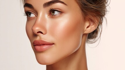 Fototapeta premium A close-up portrait reveals a beautiful woman with flawless skin and a soft, natural glow, showcasing her delicate features.