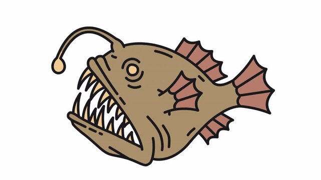 Toothy predatory fish anglerfish in color. Transparent background. Frame by frame animation