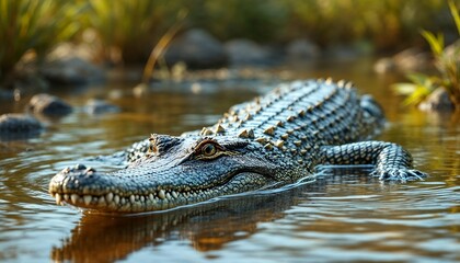Obraz premium Alligator Swimming Calmly in Water with Grassy Bank Landscape
