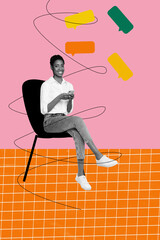 Poster banner collage of young worker woman sit chair use phone gadget with sms chat