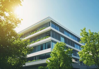 A pathway between modern buildings flanked by tall trees and low shrub planters, sunlight illuminating greenery, fresh natural atmosphere