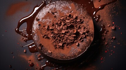 Overhead shot of a part of chocolate cake with a glossy ganache and a sprinkle of cocoa powder
