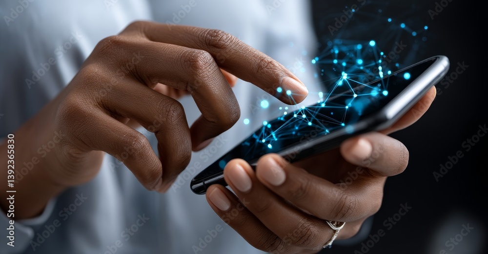 Poster global network connection and innovative communication technology are exemplified by a man using a m