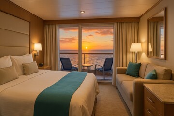 Obraz premium first-class cruise ship stateroom during golden hour, featuring a king-size bed, cozy lounge area, elegant furnishings, and a private balcony