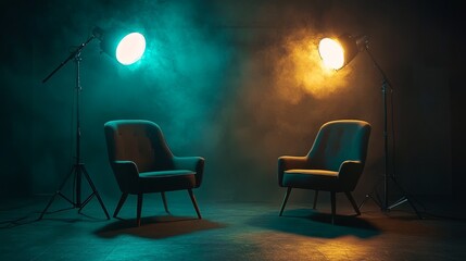 Minimalist podcast studio setup with two modern chairs under warm spotlights, dark moody background, perfect for branding.