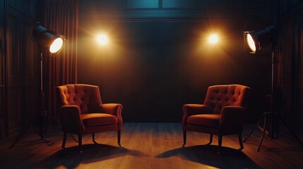 Sophisticated podcast setup in warm hues, spotlighted chairs, and a dramatic dark background perfect for reels.