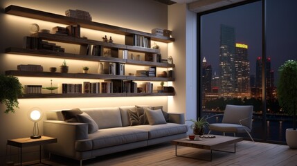 Urban apartment living room with compact layout, floating shelves, and smart lighting