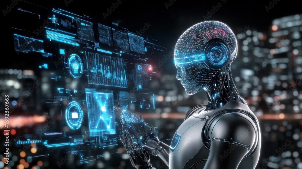 Poster futuristic robot analyzing data in neon city background