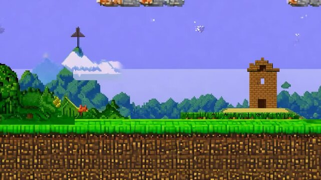 Exploration of Retro Pixel Art Landscape with Rising Structures in Gaming Visual Environment