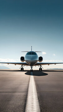 Front View of Private Jet on Runway Under Clear Blue Sky