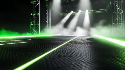 A futuristic concert stage featuring dynamic lighting with green beams cutting through fog, creating an electrifying atmosphere