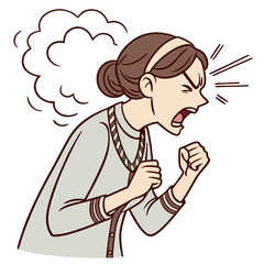 Fototapeta premium Furious Woman with Clenched Fists and Steam from Head on Transparent Background. Perfect for: Comic Strips, Emotional Awareness, Mental Health