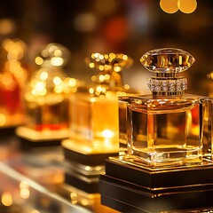 Elegant perfume bottles displayed on a shiny glass surface for sale