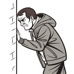 Jealous Man Peeking from Behind Wall with Narrowed Eyes on Transparent Background. Perfect for: Relationship Blogs, Jealousy Topics, Love Conflicts