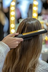 Fototapeta premium A hairstylist is shown curling the hair of a female client in a beauty salon setting