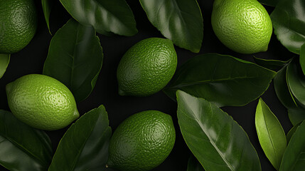  Fresh green limes with vibrant leaves on dark background, citrus fruit layout ideal for summer drinks, health food designs, organic lifestyle visuals, vitamin concepts and tropical kitchen content
