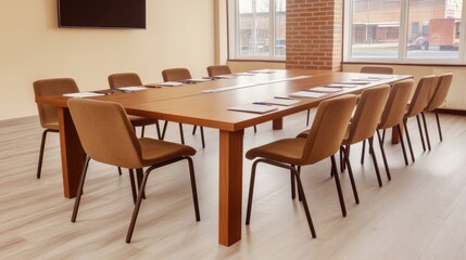 Modern Conference Room with Large Wooden Table and Chairs