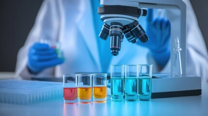 Fototapeta premium Laboratory Research with Microscope and Colorful Test Tubes