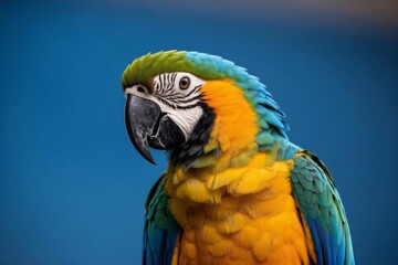 araffy parrot with a blue and yellow feathers and a blue background