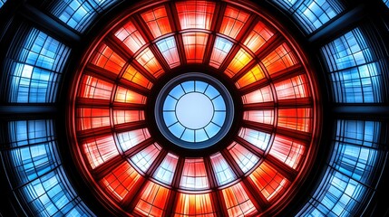 Upward view of colorful circular dome, pattern above. Intricate design, architecture inside building
