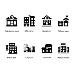 Restaurant, Office, Bank, School, Hotel, City, Villa, Hospital, Black Icon Set