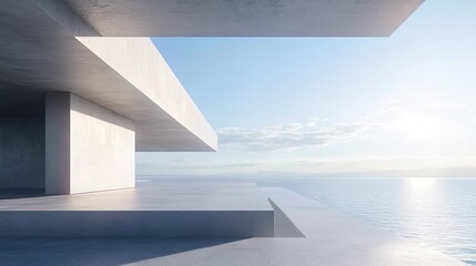 Modern minimalist concrete terrace facing the sea, simple architectural elements, clear blue sky with white clouds, bright natural lighting