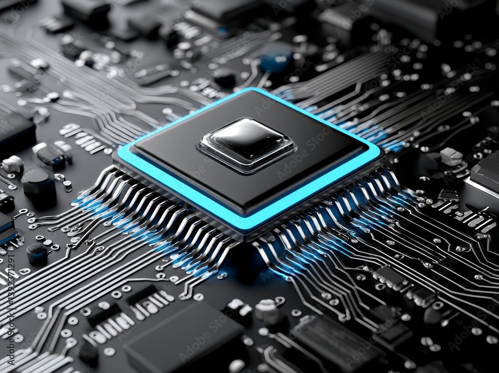 Poster advanced glowing circuit board technology of computer chip and cpu motherboard
