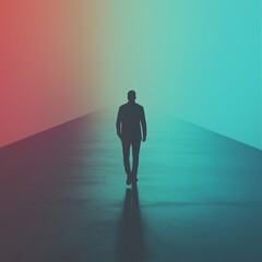 Fototapeta premium A silhouette of a figure walking into a colorful, geometric perspective representing introspection and exploration.