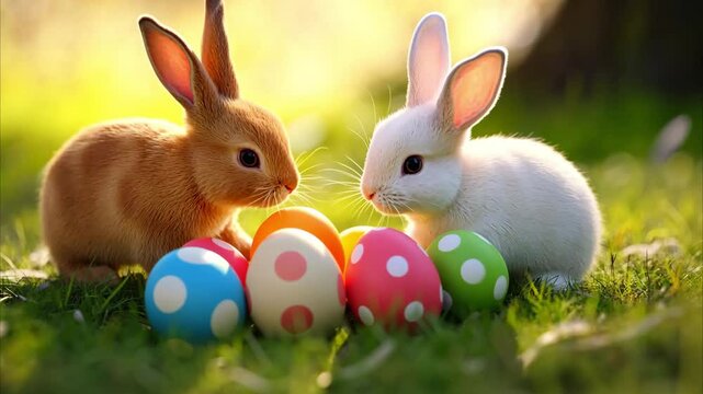 A playful springtime moment with cute bunnies and vibrant Easter eggs, perfect for holiday celebrations