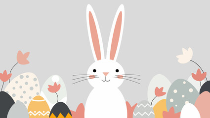 Cartoon Easter bunny with eggs and flowers, cute holiday illustration on pastel background