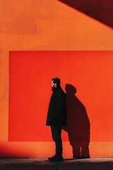 Obraz premium A striking silhouette illustrates a man standing tall, casting an elongated shadow on a vibrant orange surface.