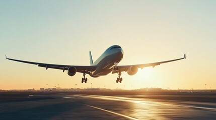 Fototapeta premium A commercial airplane taking off from an airport runway during sunset, warm golden lighting, dynamic upward composition
