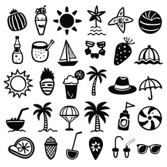 Summer Doodle Icon Set, Hand Drawn Black and White Collection