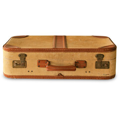 A vintage suitcase with a worn exterior and leather accents, suitable for travel and storage.