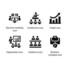 Business meeting, Conference, Graph, Explanation, Audience, Business schedule, Black Icon Set