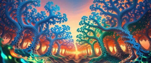 A mesmerizing landscape showcases intertwining organic structures under a captivating sunset. The vivid colors blend seamlessly, creating an enchanting atmosphere that invites exploration